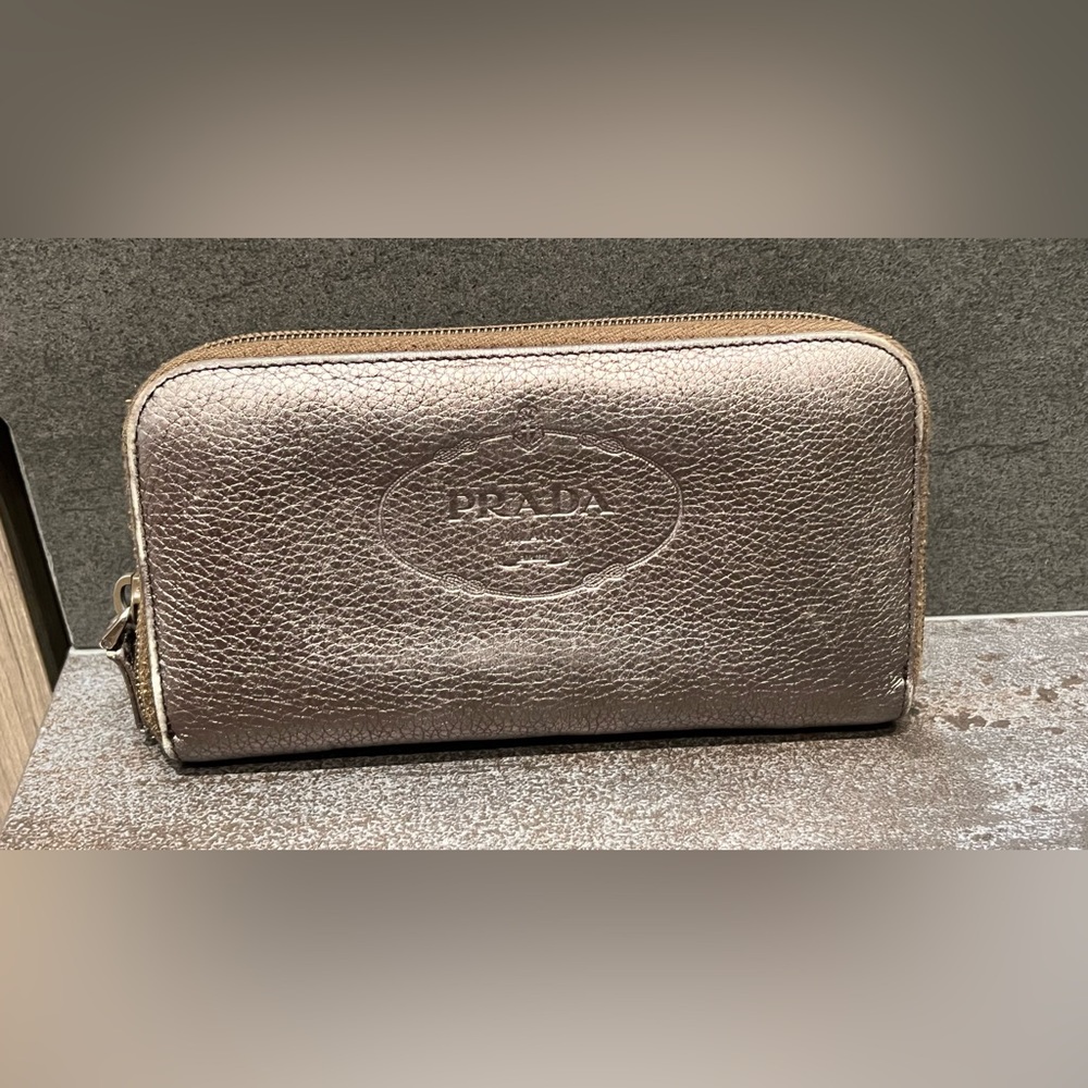 Authentic Prada Preowned Zip Around Wallet, Metallic
